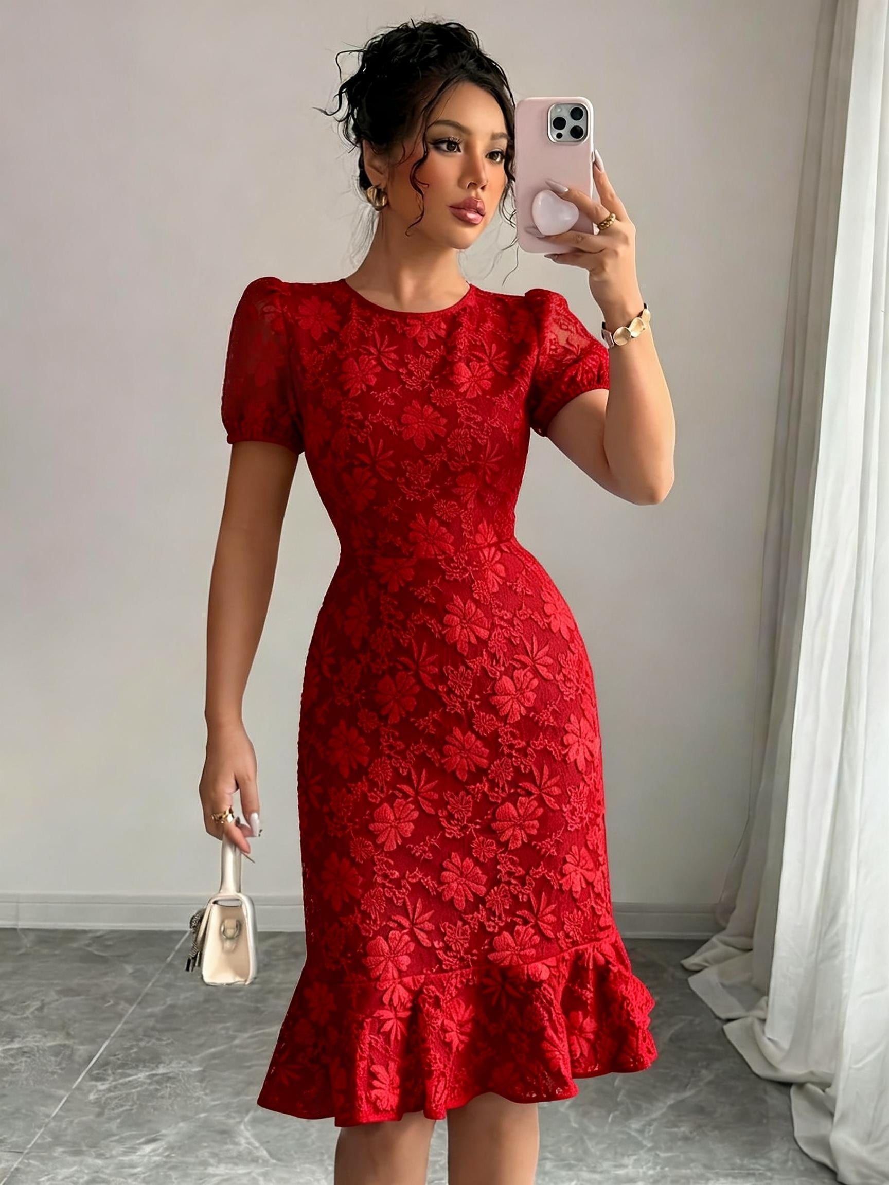 Marcella puff sleeve jacquard midi dress - sleeve detail