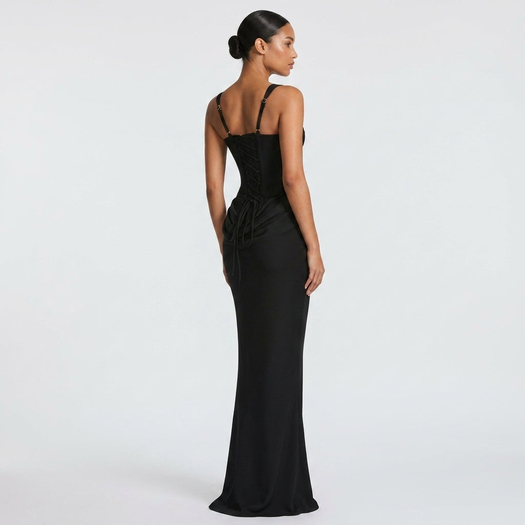 Marguerite corset wedding guest maxi dress - back view