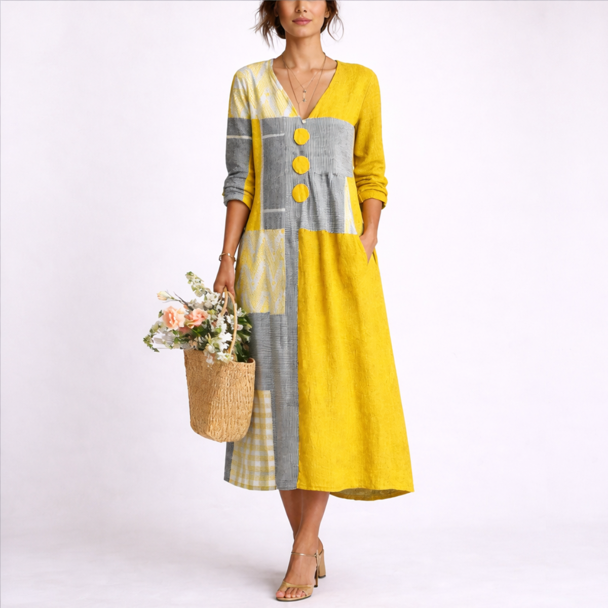 Marisa V neck patchwork midi dress - front view
