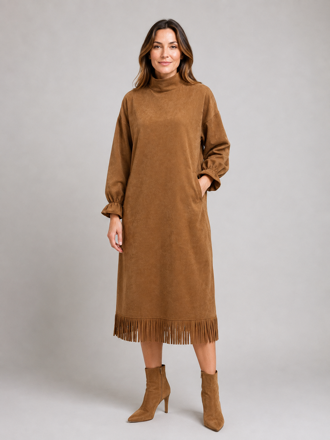 Marta suede fringe hem midi dress - front view