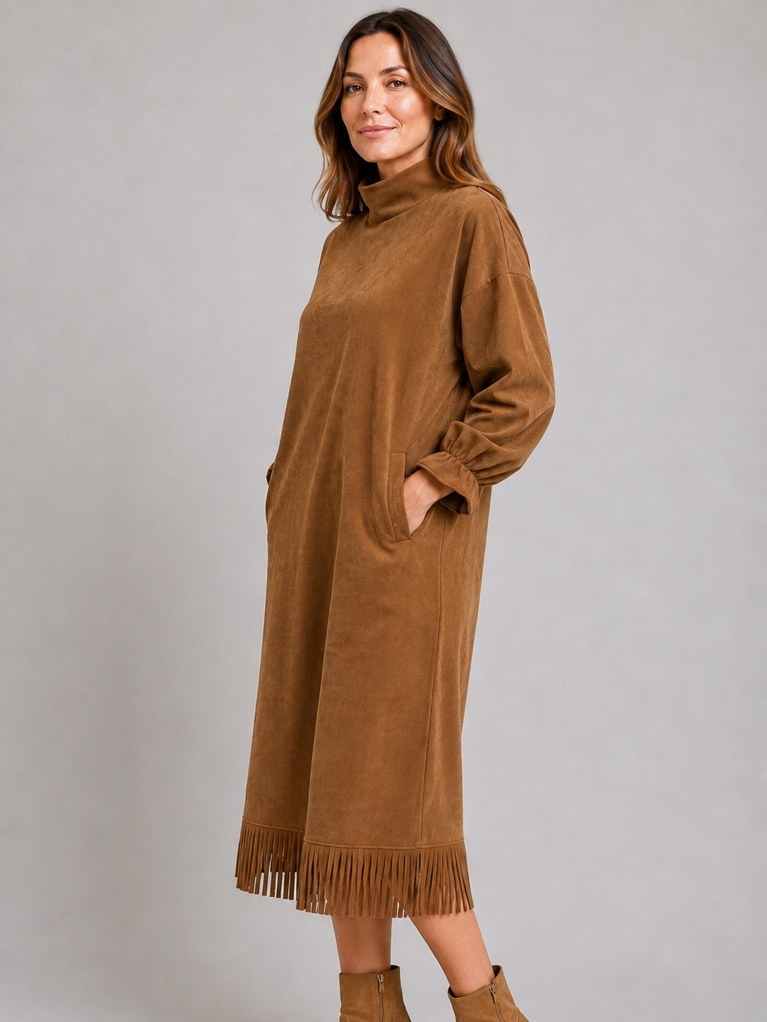 Marta suede fringe hem midi dress - back view