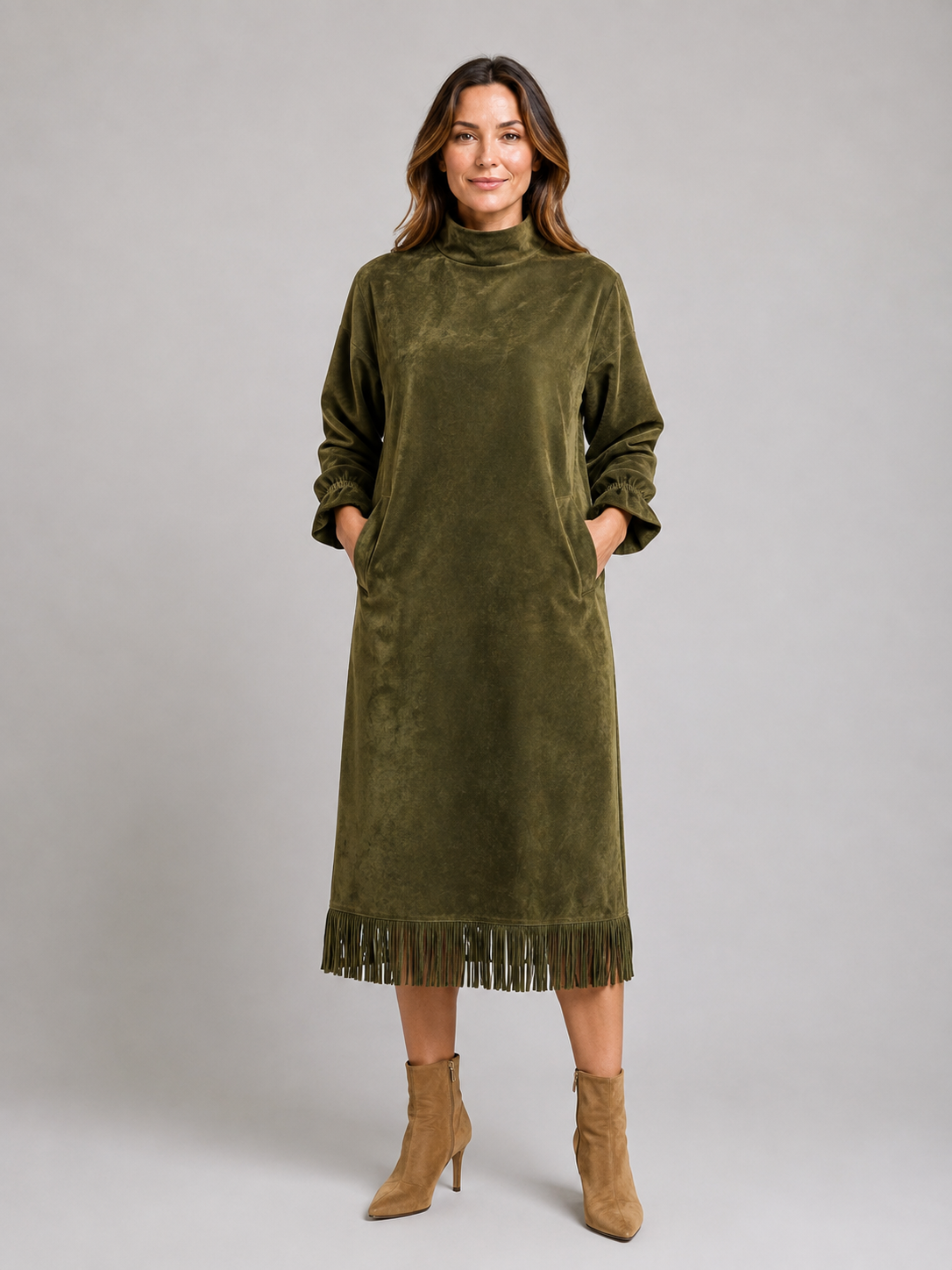 Marta suede fringe hem midi dress - detail view