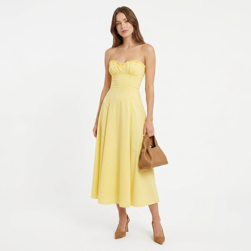 Millicent yellow bustier wedding guest midi dress - front view