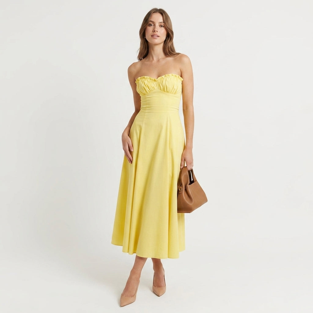 Millicent yellow bustier wedding guest midi dress - side view