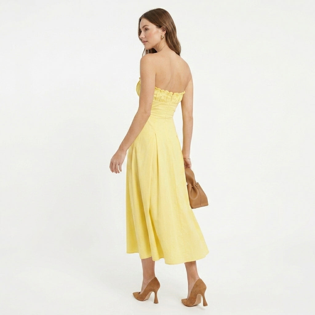 Millicent yellow bustier wedding guest midi dress - styled outfit