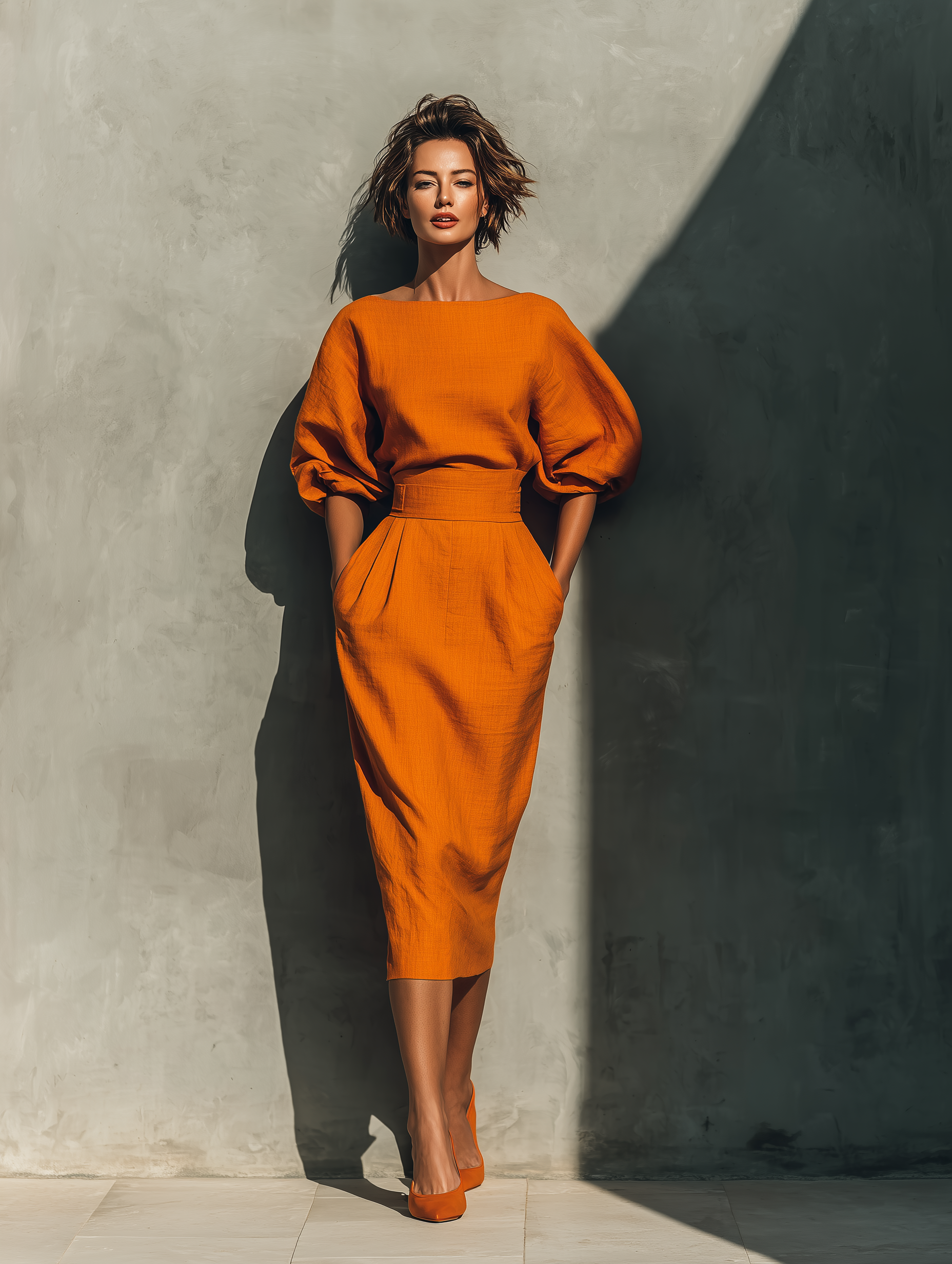 Woman wearing an orange dress standing against a textured wall.