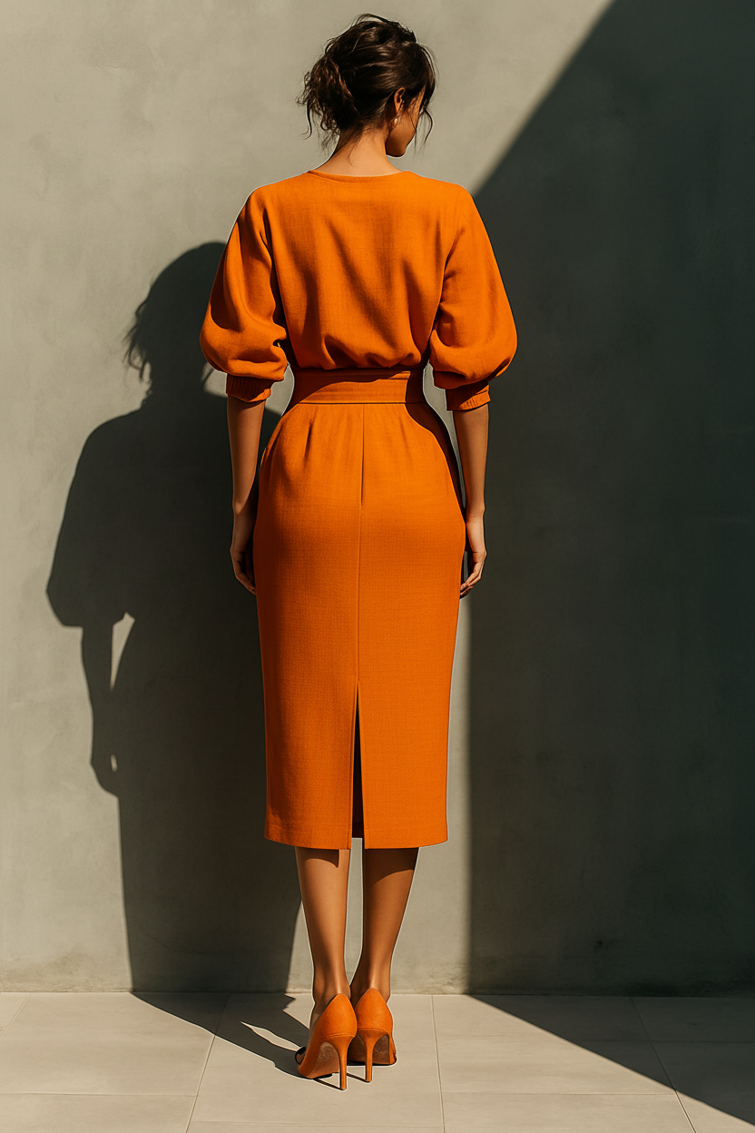 Woman wearing an orange outfit standing against a gray wall.