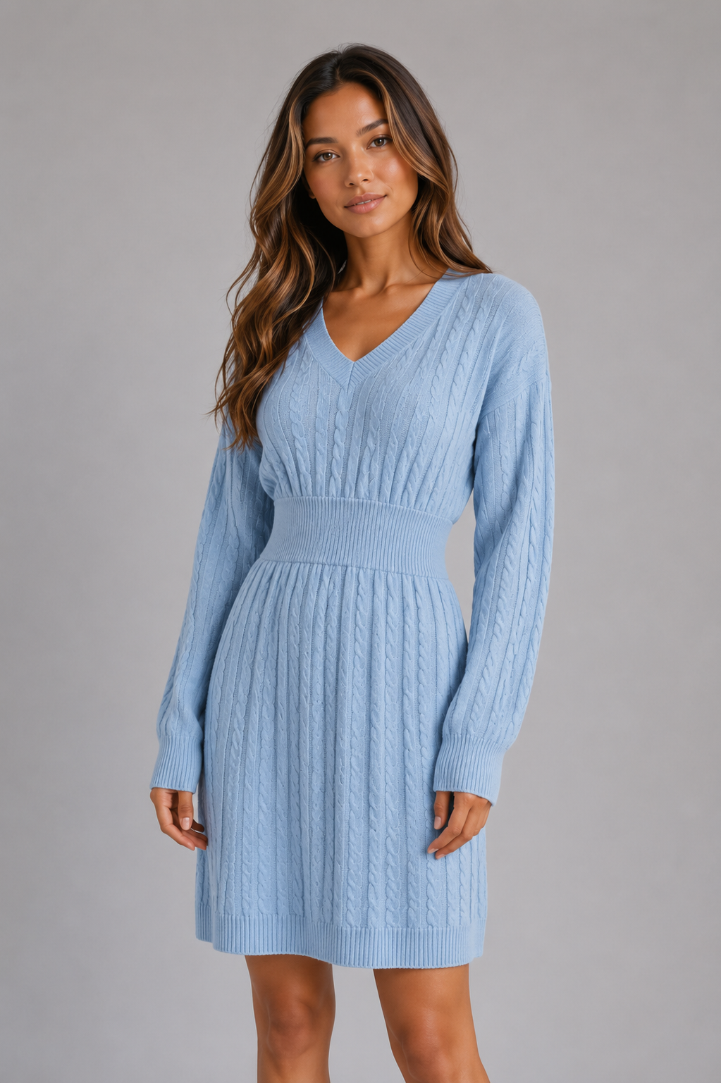Nova cable knit midi dress V-neck shirred waist - additional angle 4