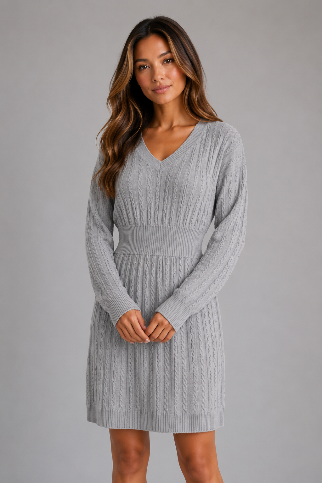 Nova cable knit midi dress V-neck shirred waist - styled outfit