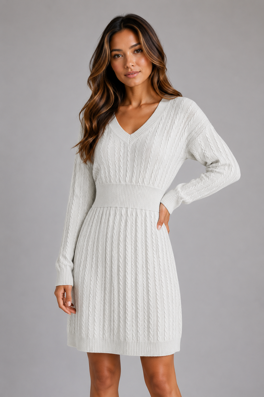 Nova cable knit midi dress V-neck shirred waist - full look