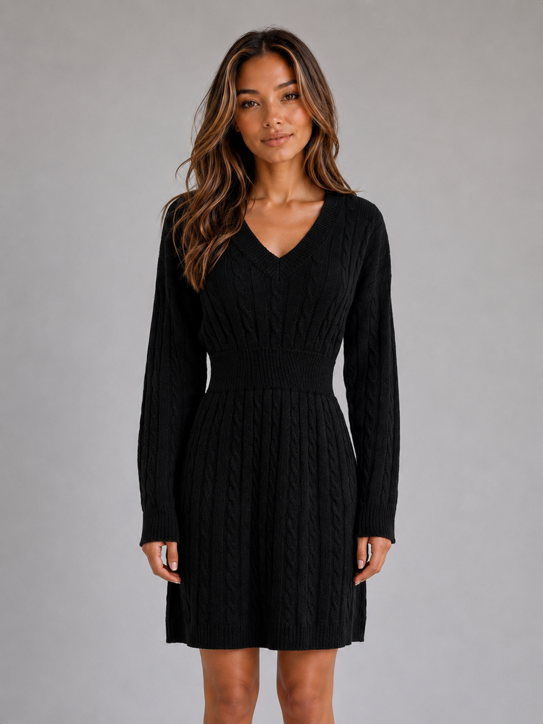 Nova cable knit midi dress V-neck shirred waist - additional angle 1
