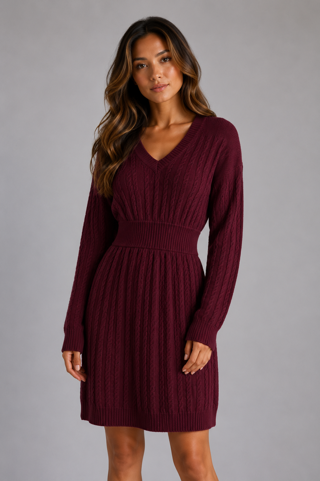Nova cable knit midi dress V-neck shirred waist - additional angle 2