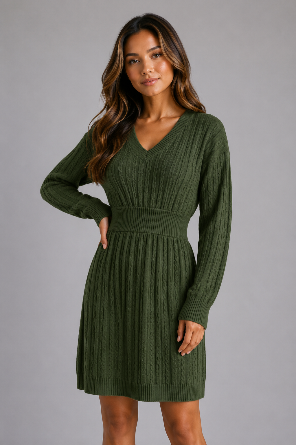 Nova cable knit midi dress V-neck shirred waist - additional angle 3