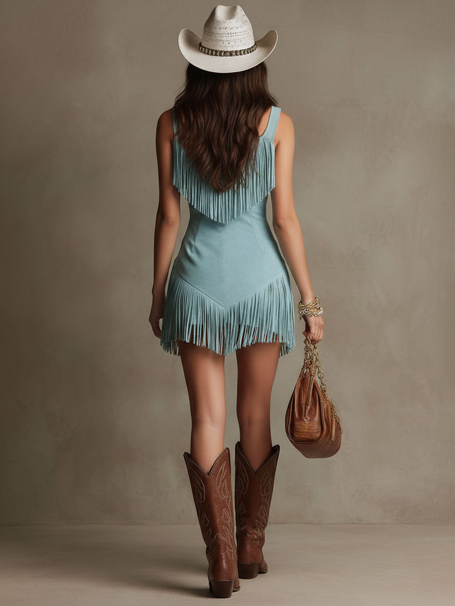 Odette sleeveless fringe mini dress - styled outfit
