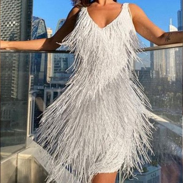 Odile fringe mini party dress - close up