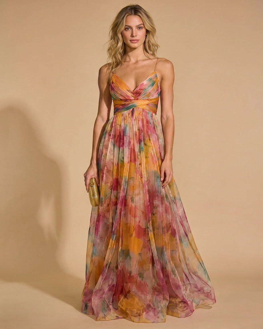 Olivia pleated floral maxi summer dress - front view
