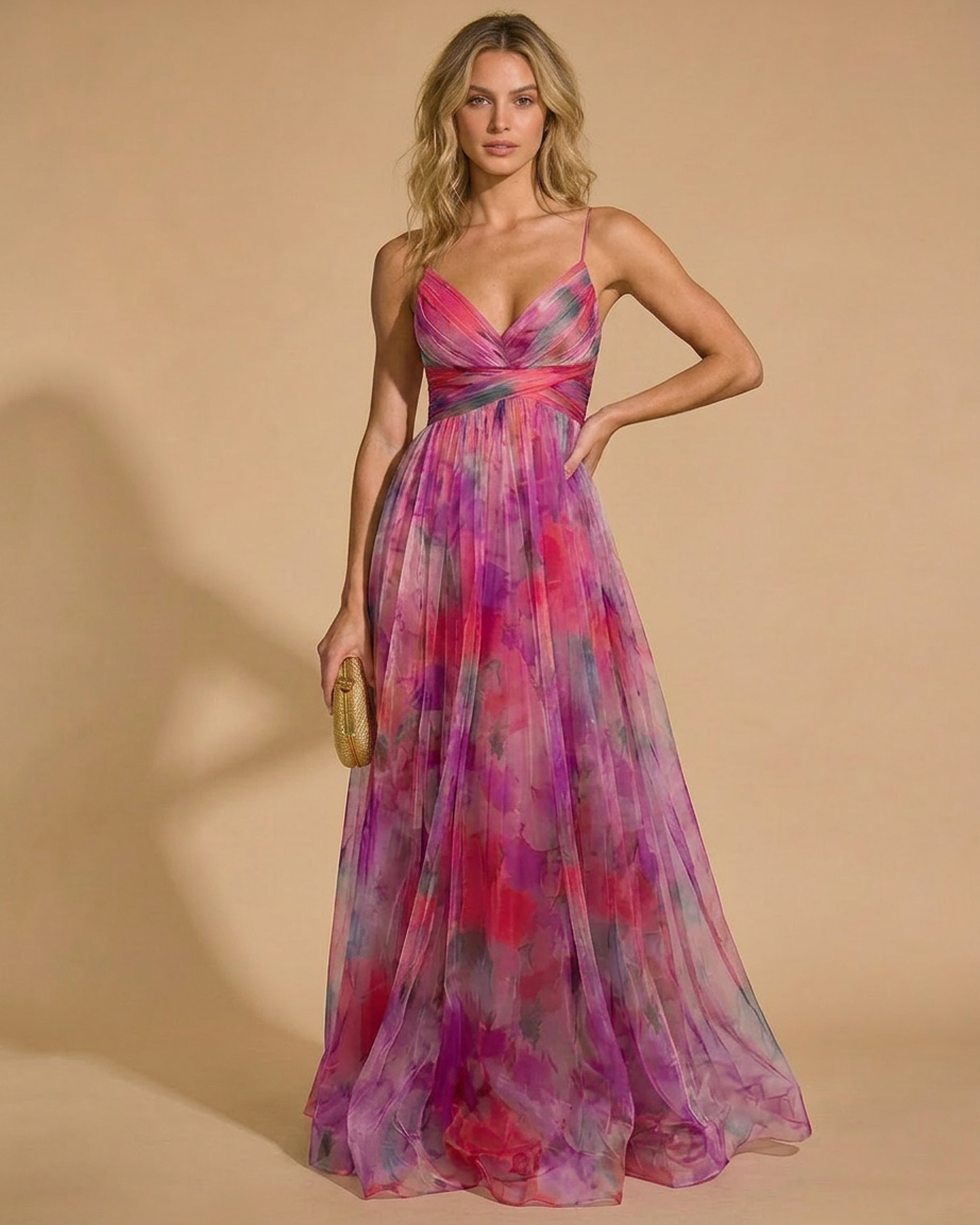 Olivia pleated floral maxi summer dress - side view