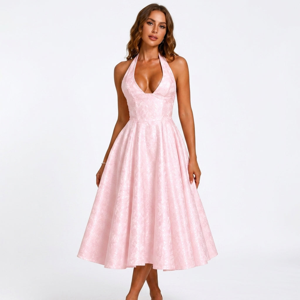 Perpetua halterneck wedding guest midi dress - back view