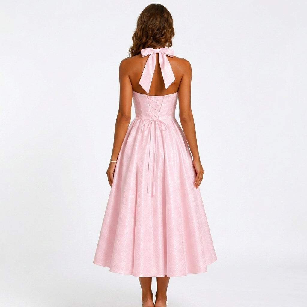 Perpetua halterneck wedding guest midi dress - fabric detail