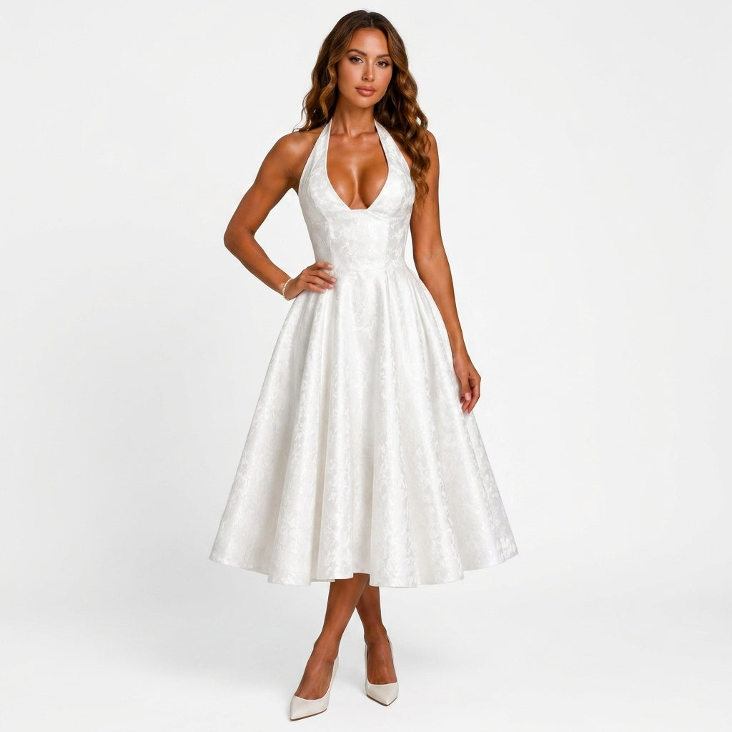 Perpetua halterneck wedding guest midi dress - front view
