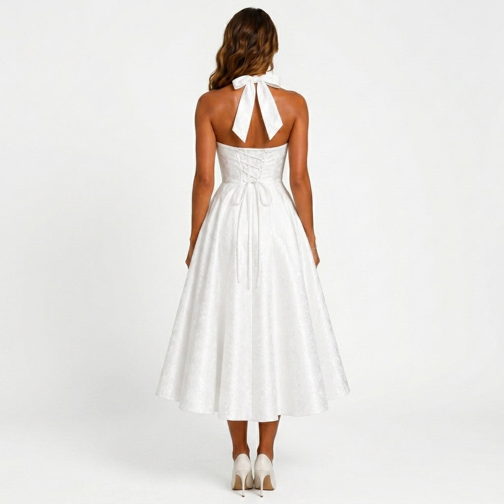 Perpetua halterneck wedding guest midi dress - side view