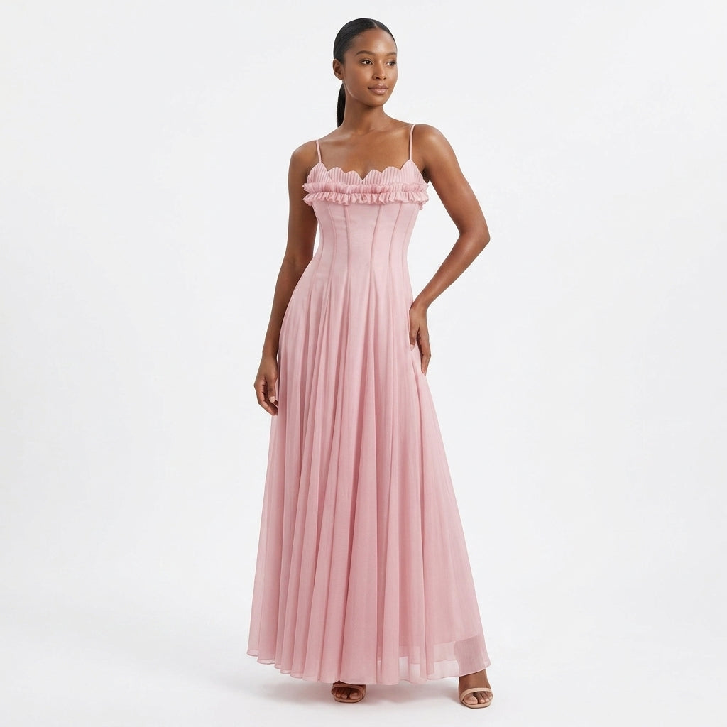 Petra ruffled tulle wedding guest maxi dress - front view