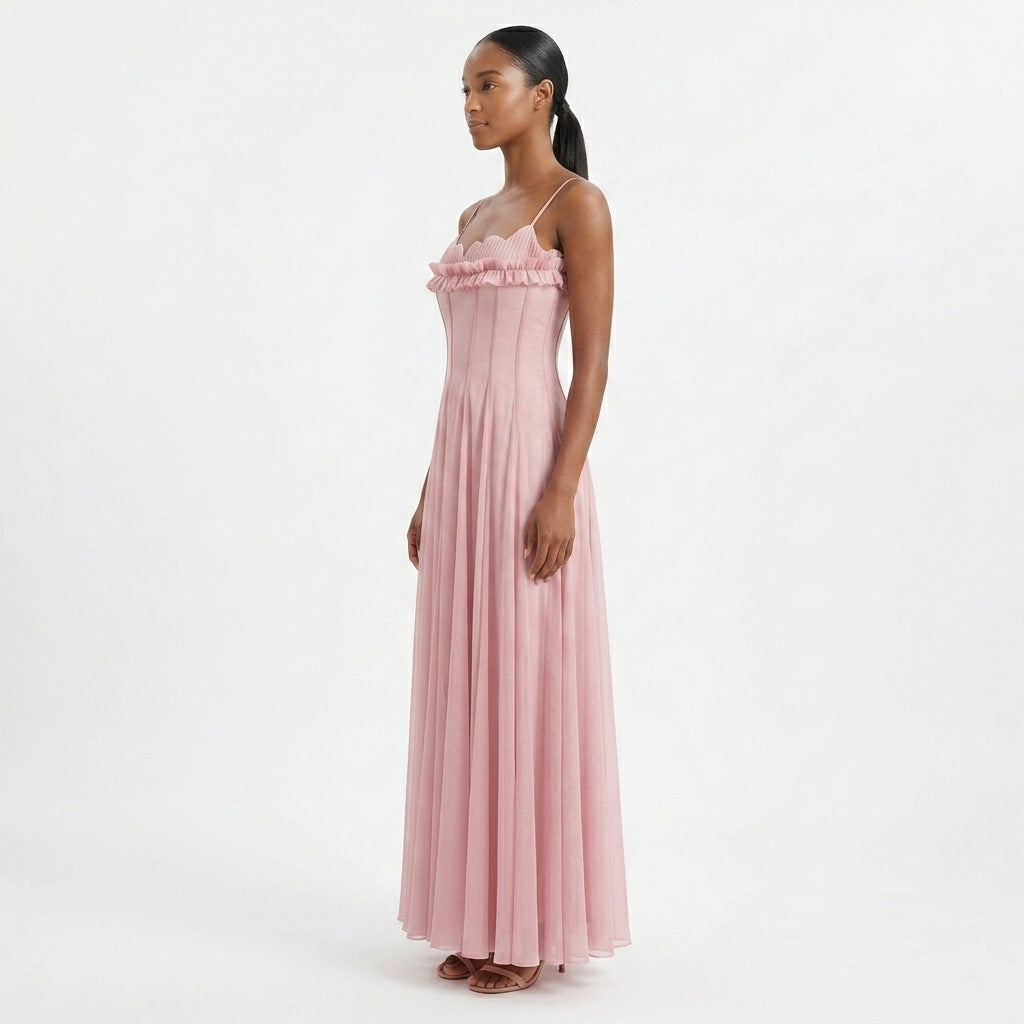 Petra ruffled tulle wedding guest maxi dress - side view