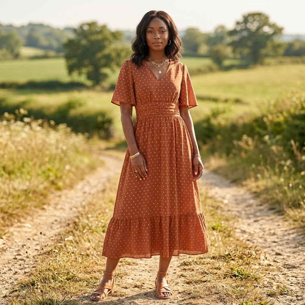 Philippa polka dot V neck midi dress - front view