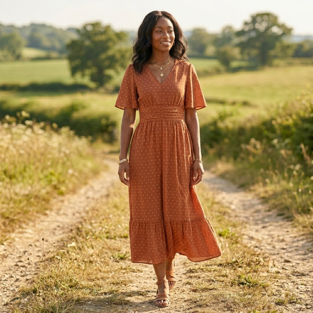 Philippa polka dot V neck midi dress - styled outfit