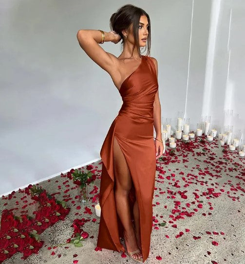 Pia one shoulder wedding guest maxi dress - side view