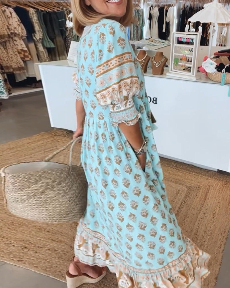 Polly boho V neck printed midi dress - back view