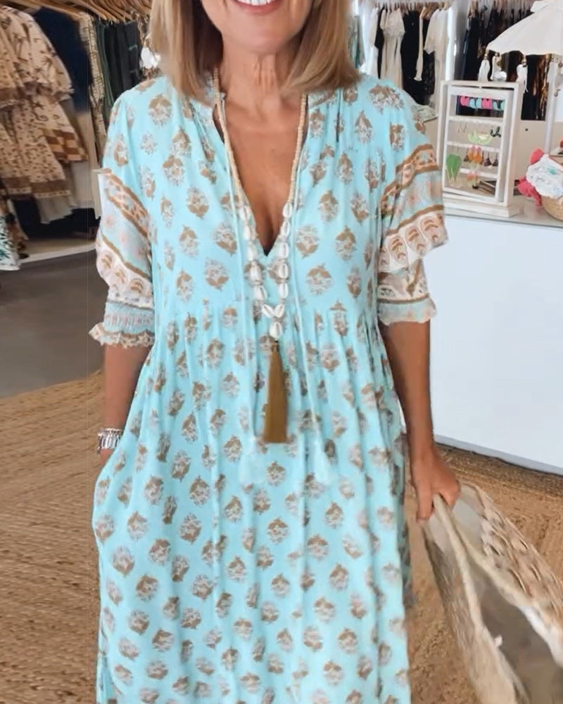 Polly boho V neck printed midi dress - styled outfit