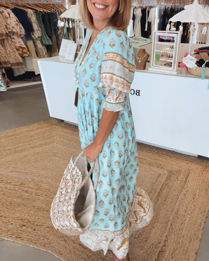 Polly boho V neck printed midi dress - full look