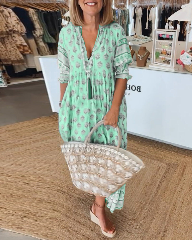 Polly boho V neck printed midi dress - close up