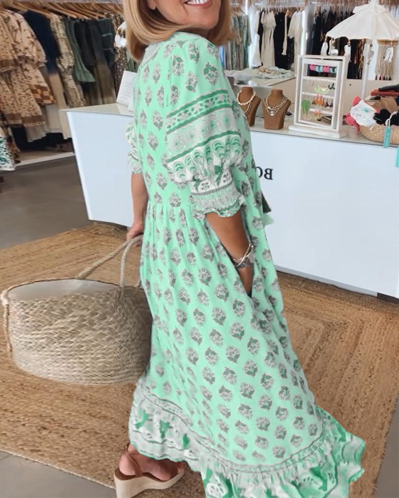 polly boho V neck printed midi dress - close up