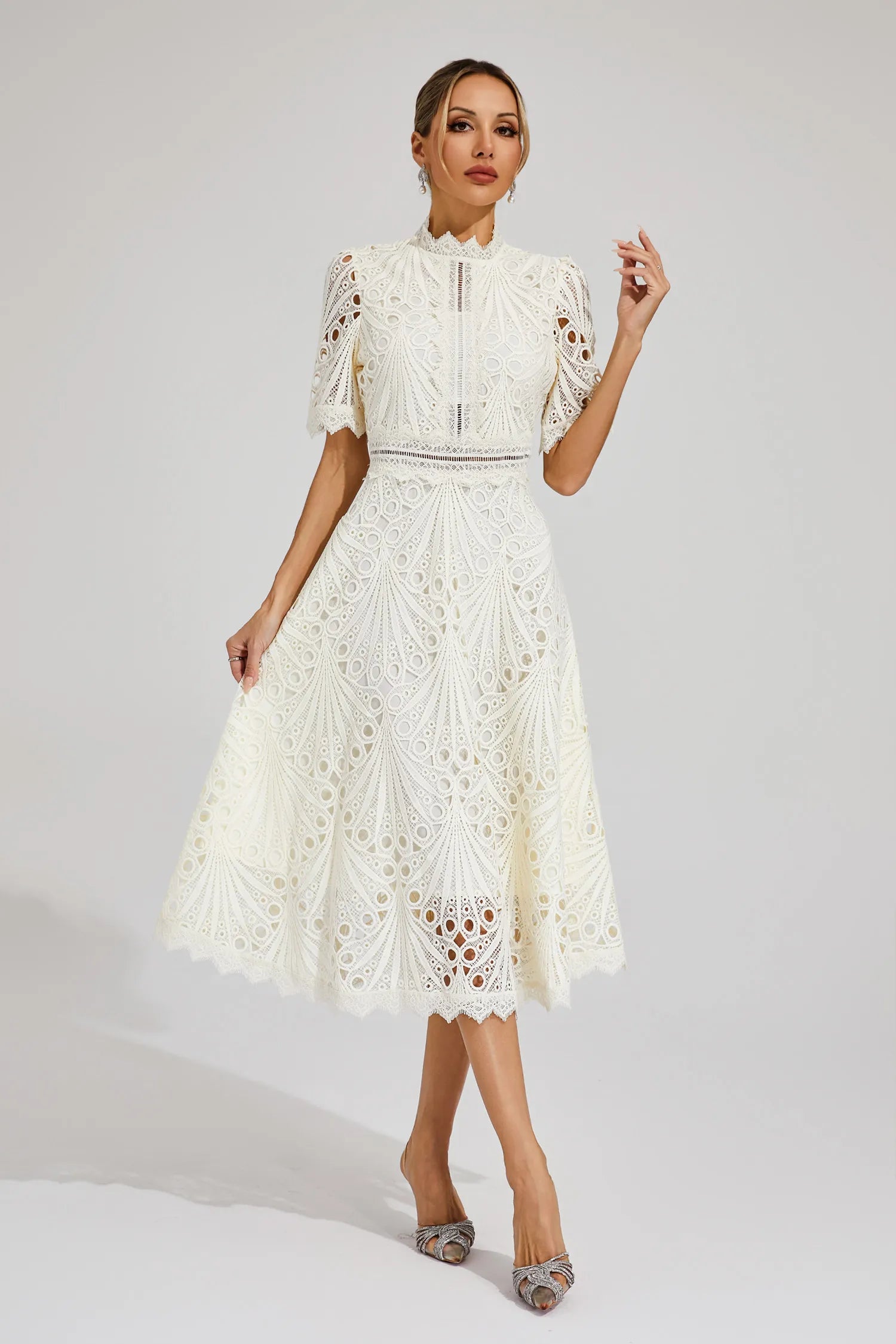 Rachel lace high neck midi dress - full look 3