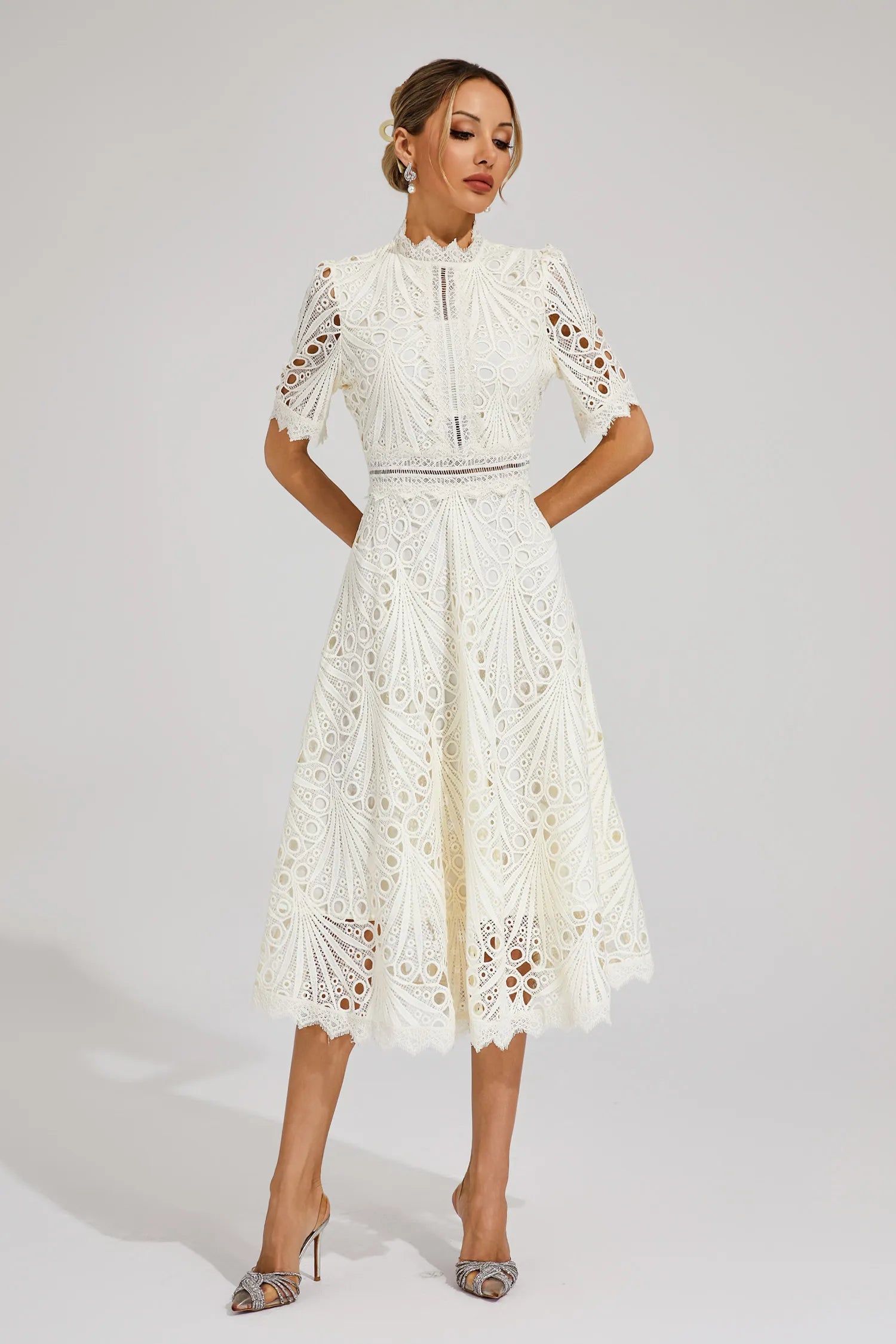 Rachel lace high neck midi dress - full look 4