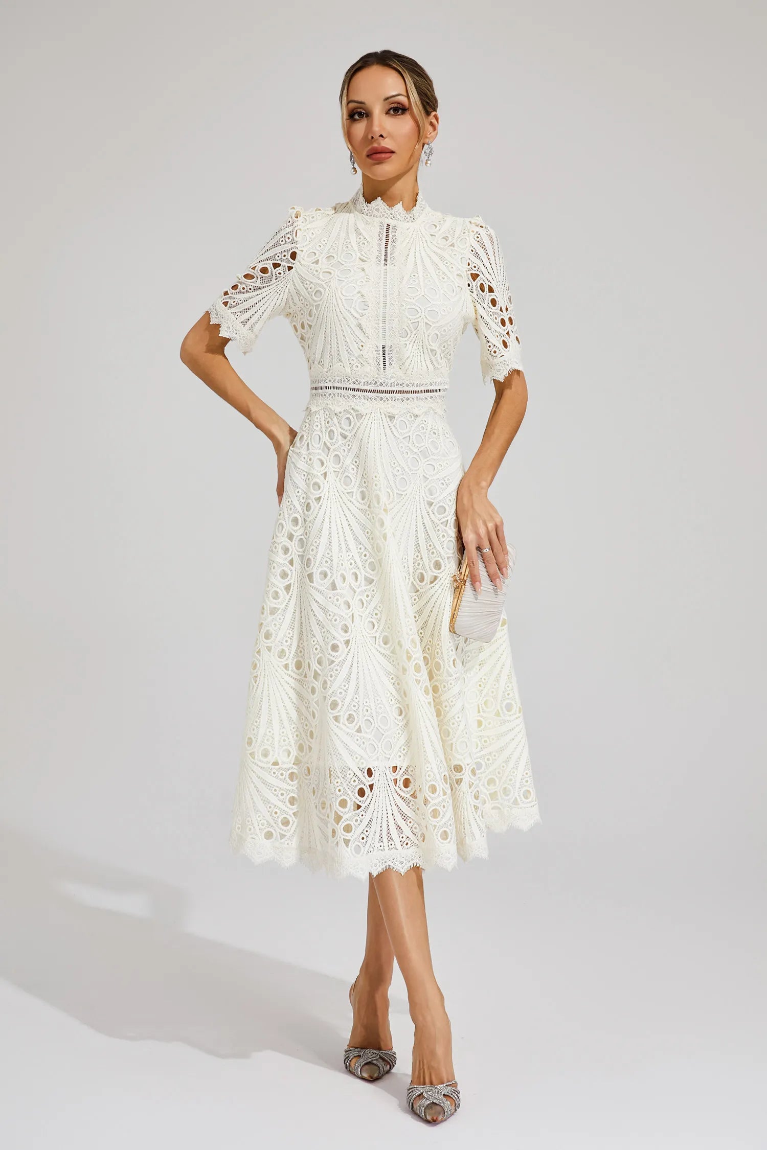 Rachel lace high neck midi dress - full look 7