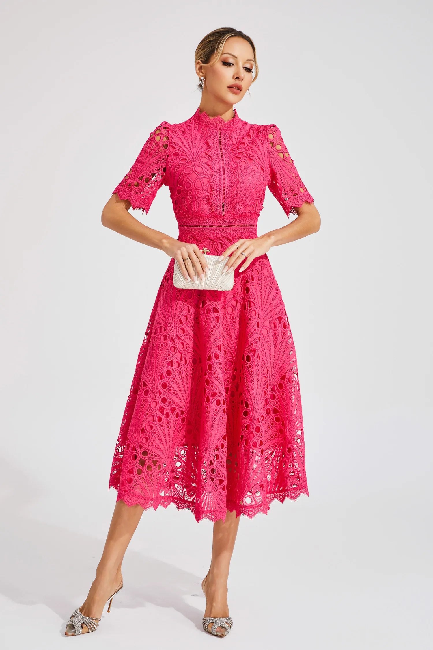 Rachel lace high neck midi dress - side view