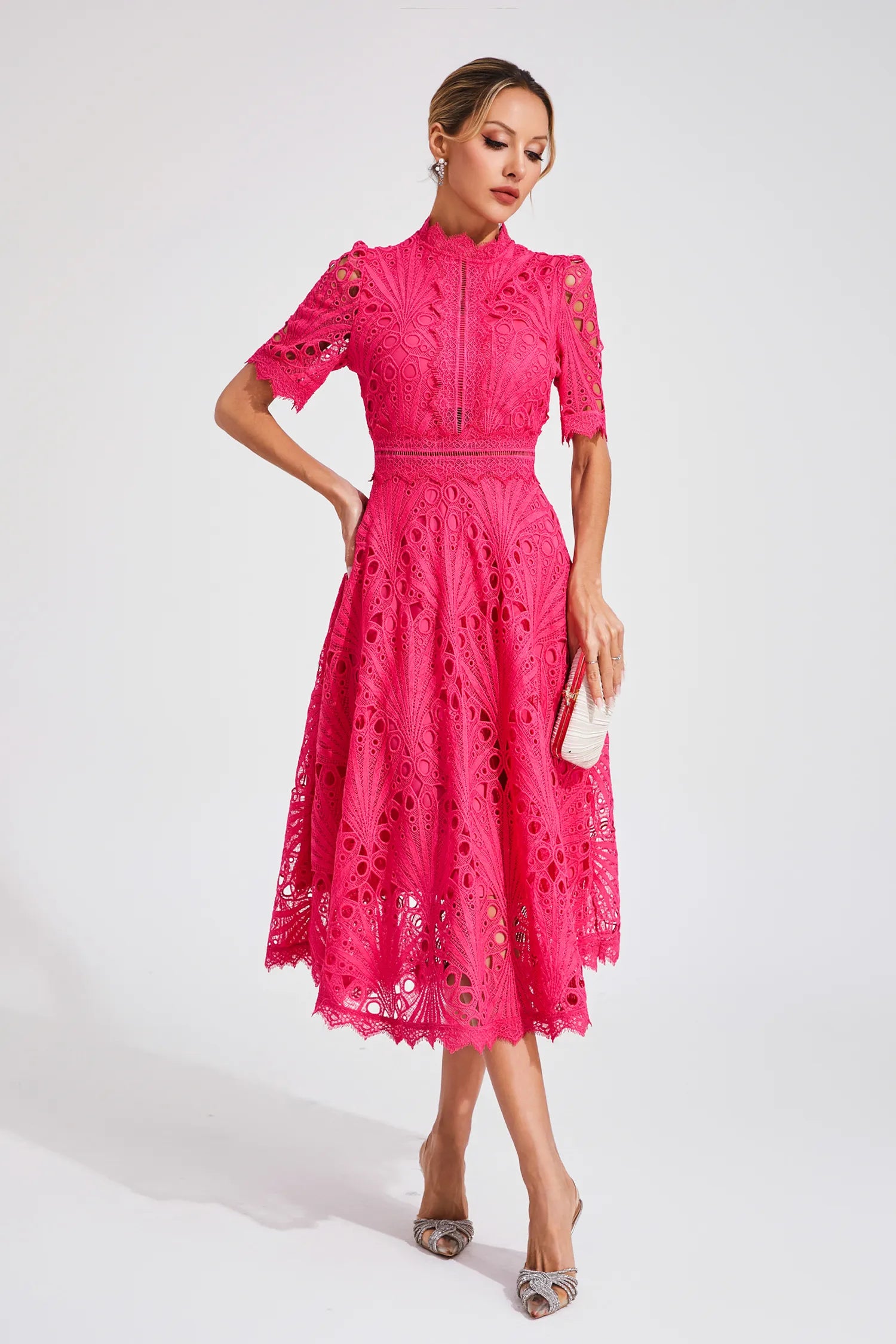 Rachel lace high neck midi dress - lace detail
