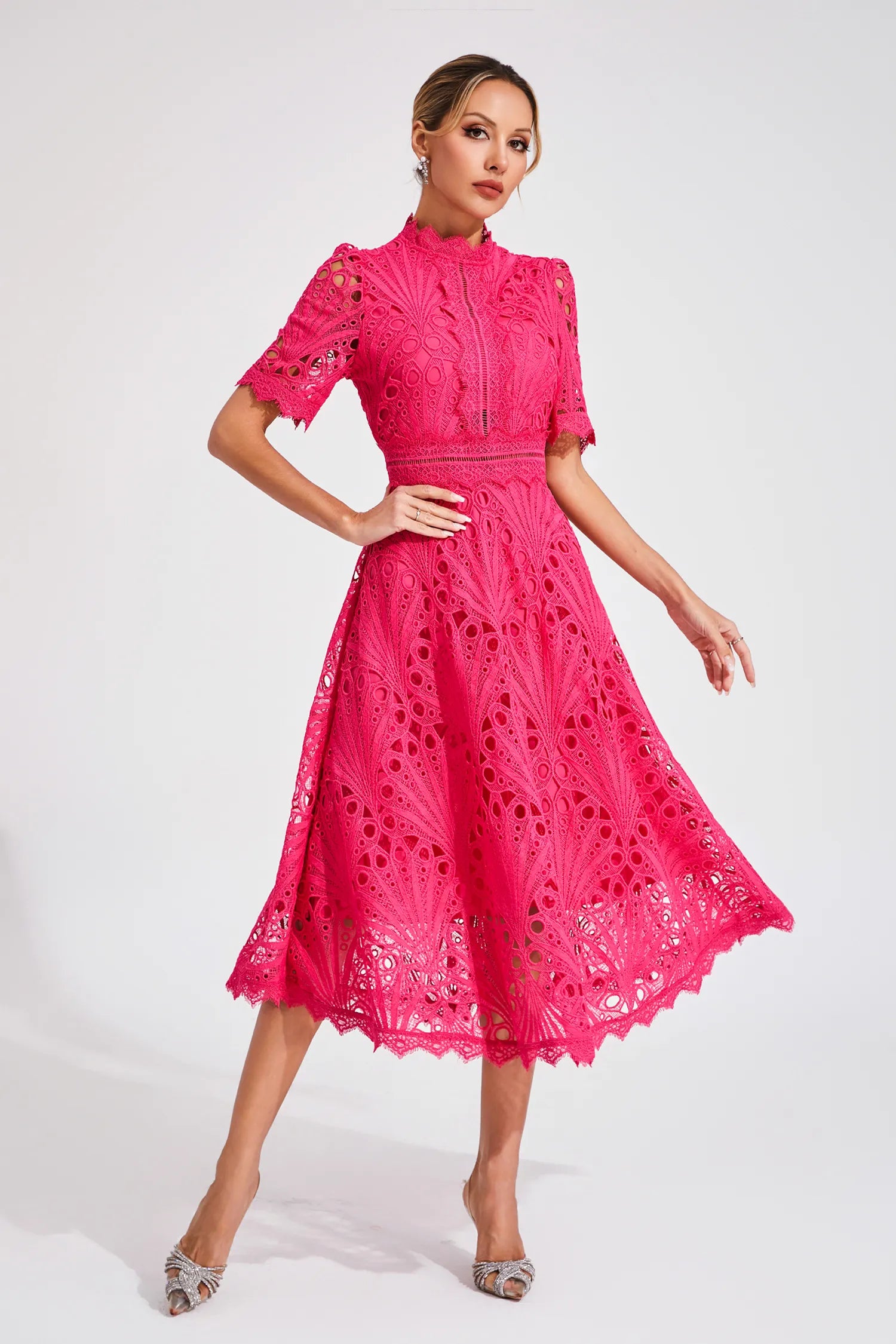 Rachel lace high neck midi dress - neckline detail
