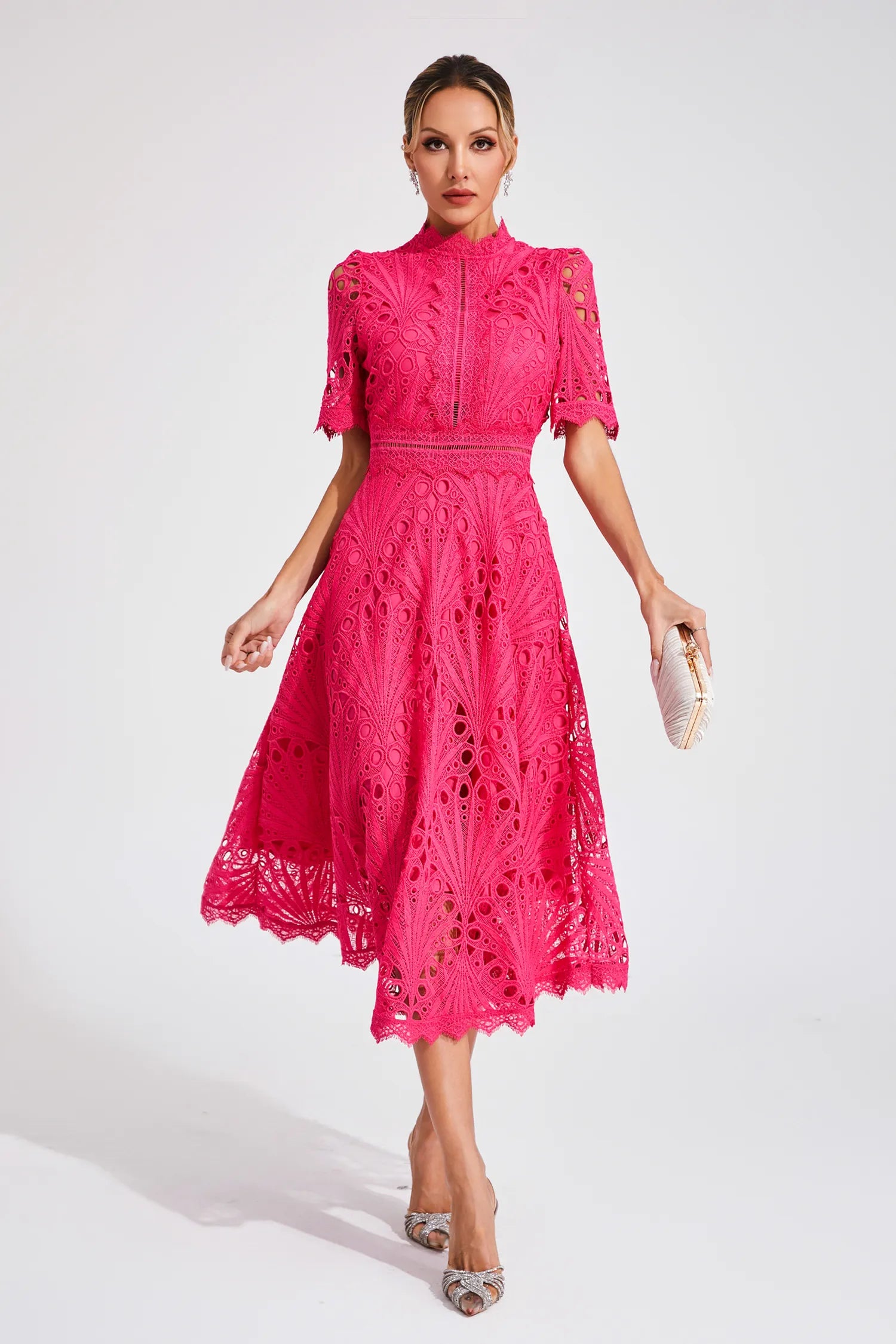 Rachel lace high neck midi dress - colour White