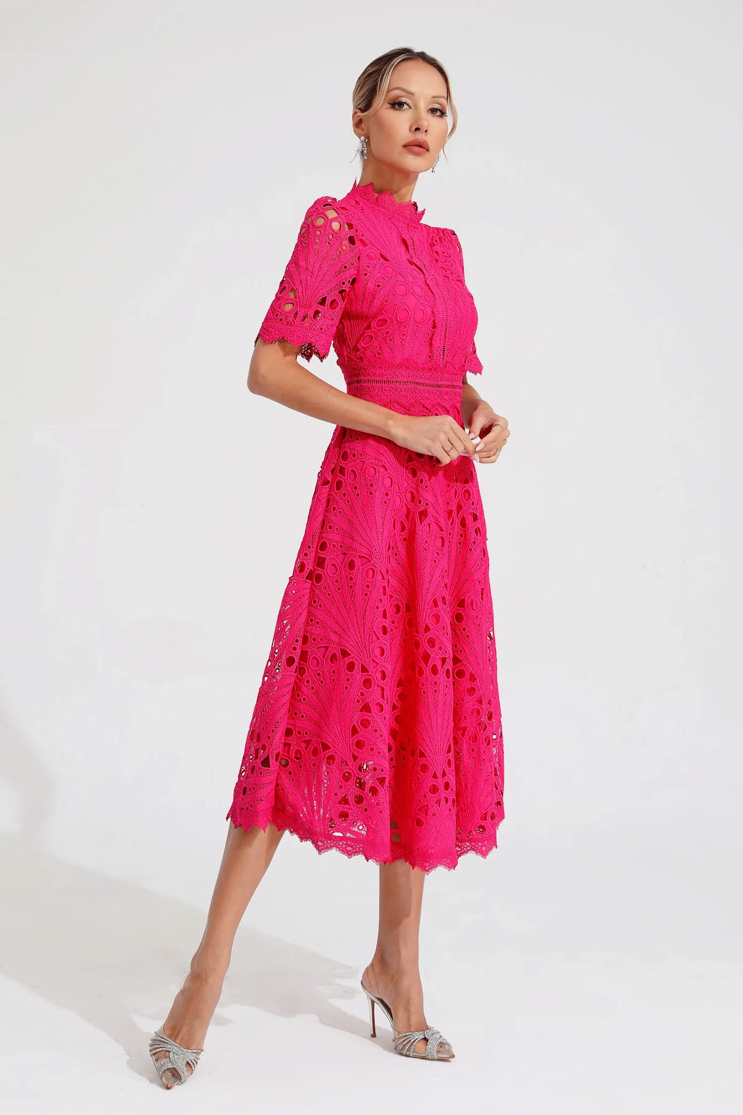 Rachel lace high neck midi dress - colour Pink