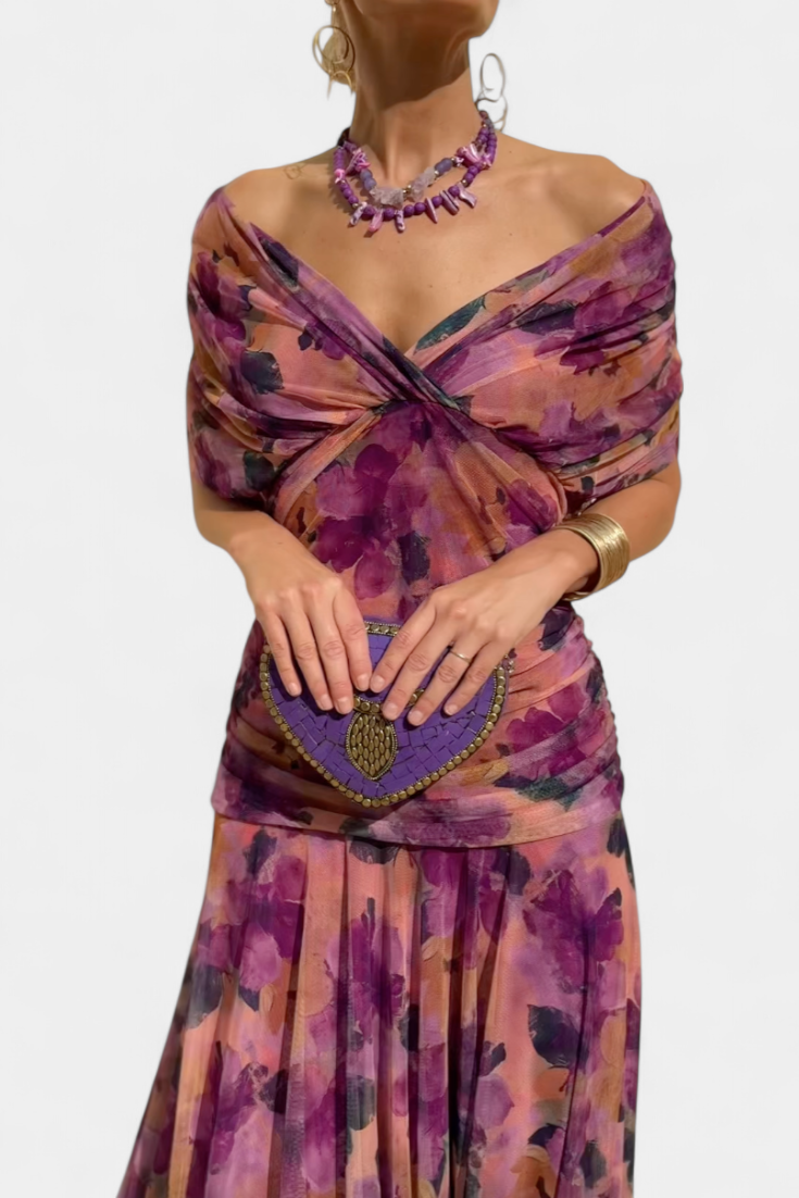 Sarah off shoulder chiffon midi dress - color Blue