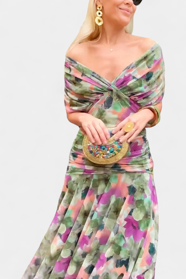 Sarah off shoulder chiffon midi dress - color Brown