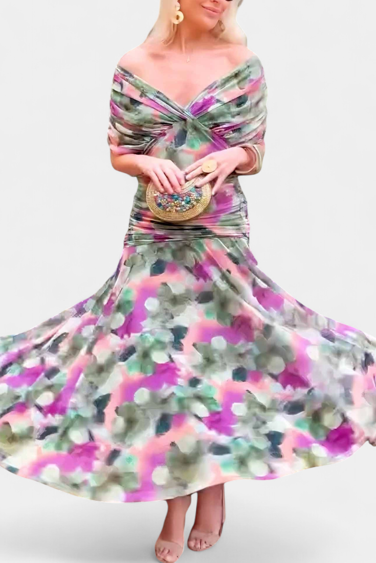 Sarah off shoulder chiffon midi dress - color Green and Purple