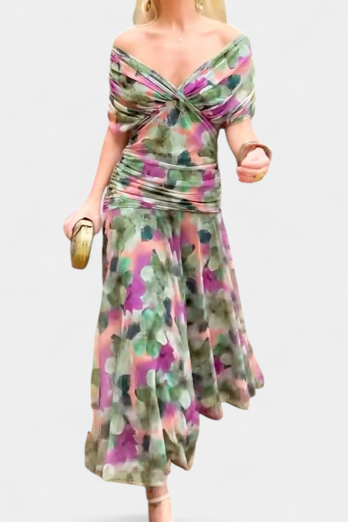 Sarah off shoulder chiffon midi dress - color Purple