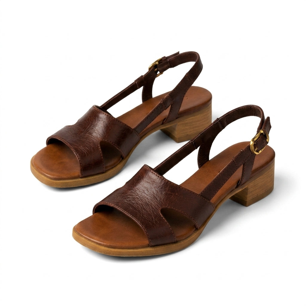 Sabrina brown block heel sandals square toe - side view
