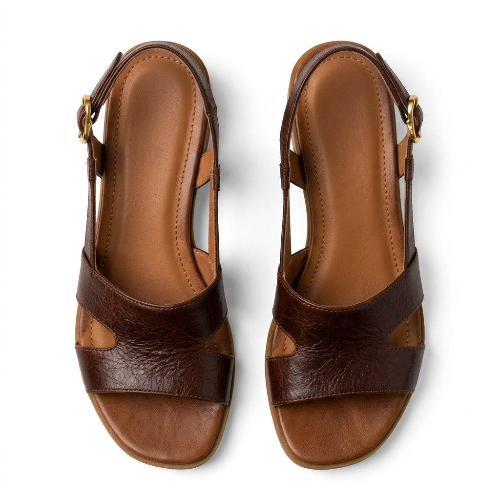 Sabrina brown block heel sandals square toe - detail view