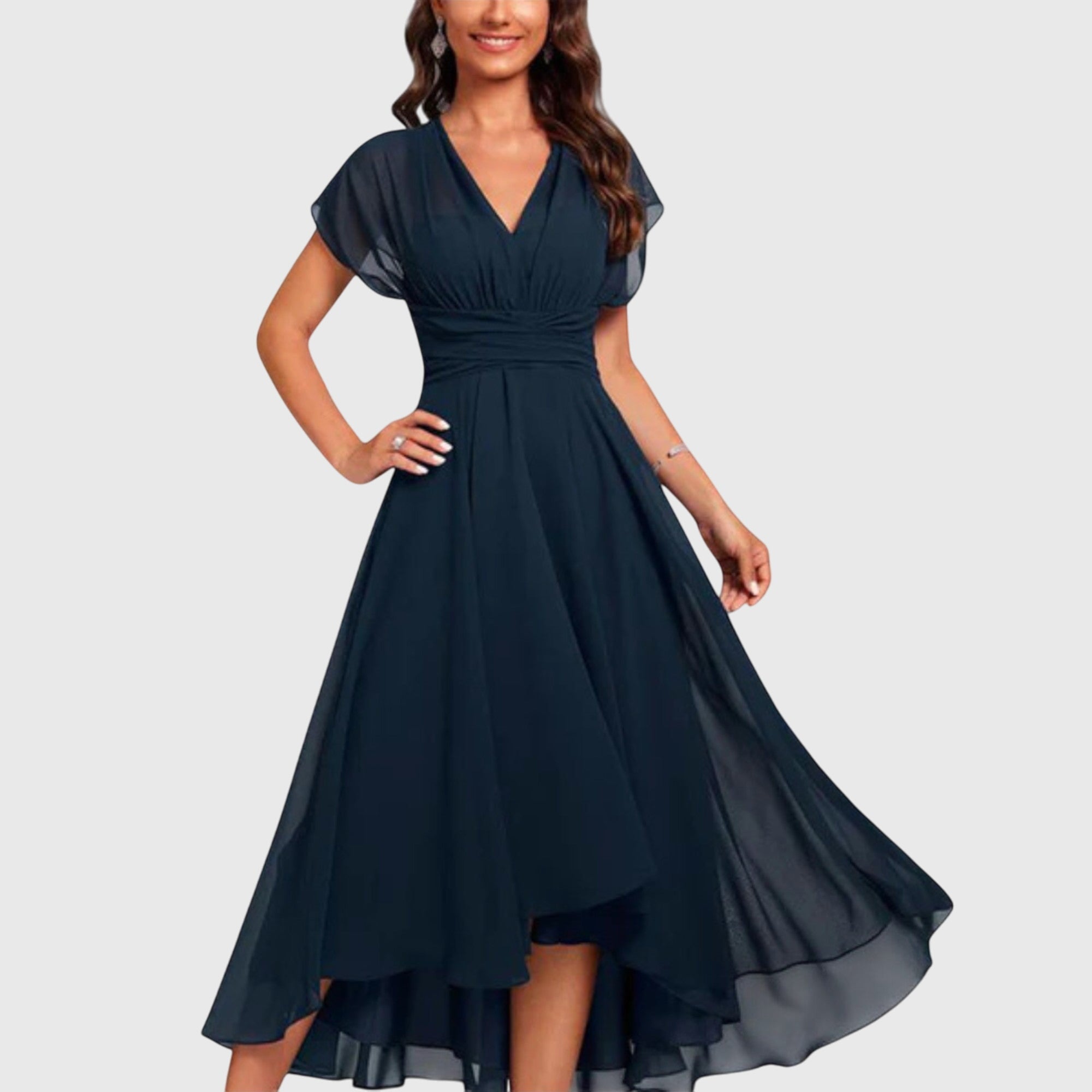 Silke V neck wrap midi dress - front view